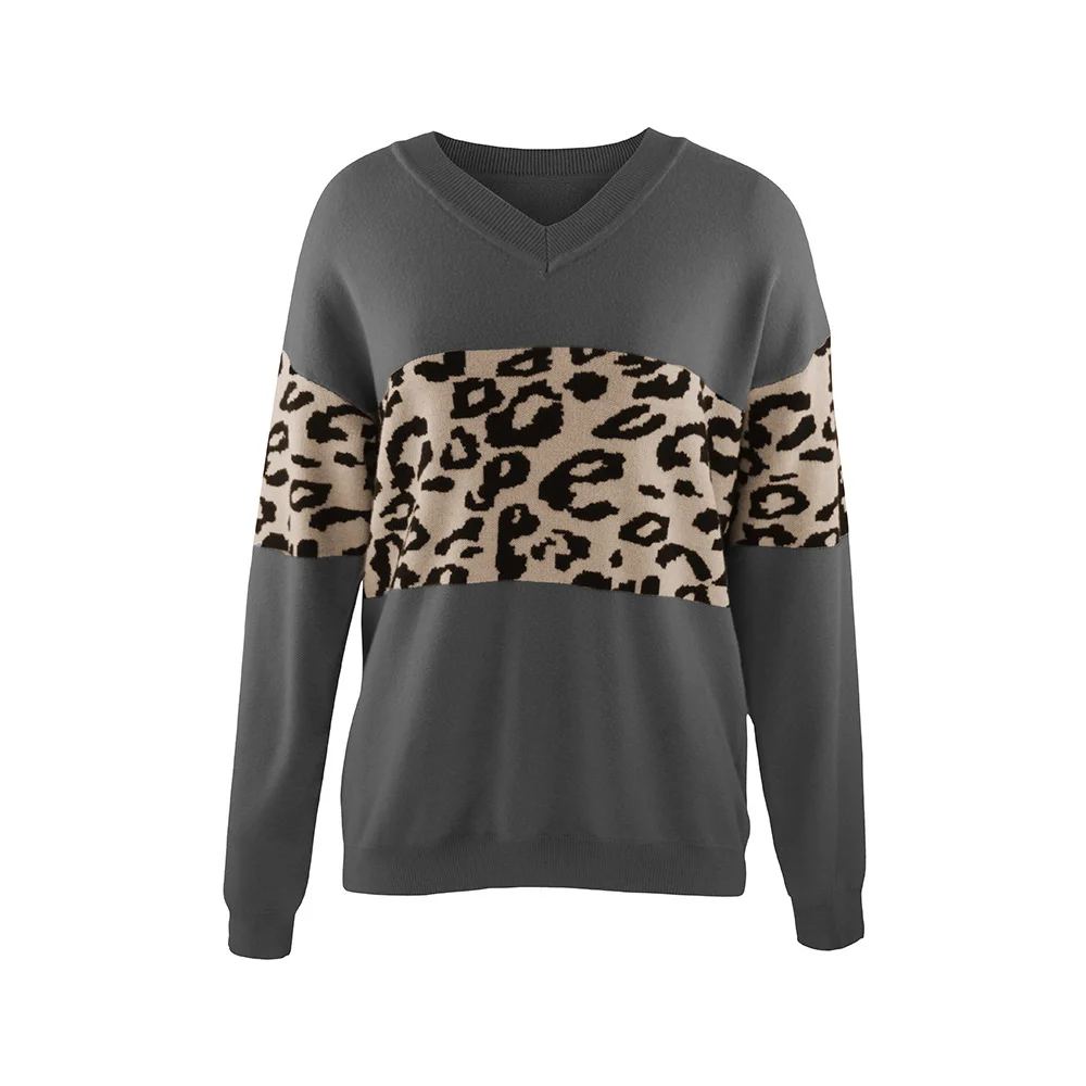 Athvotar Athvotar Autumn And Winter New V-Neck Spliced Knitted Shirt Women's Jacket Leopard Print Women's Sweater