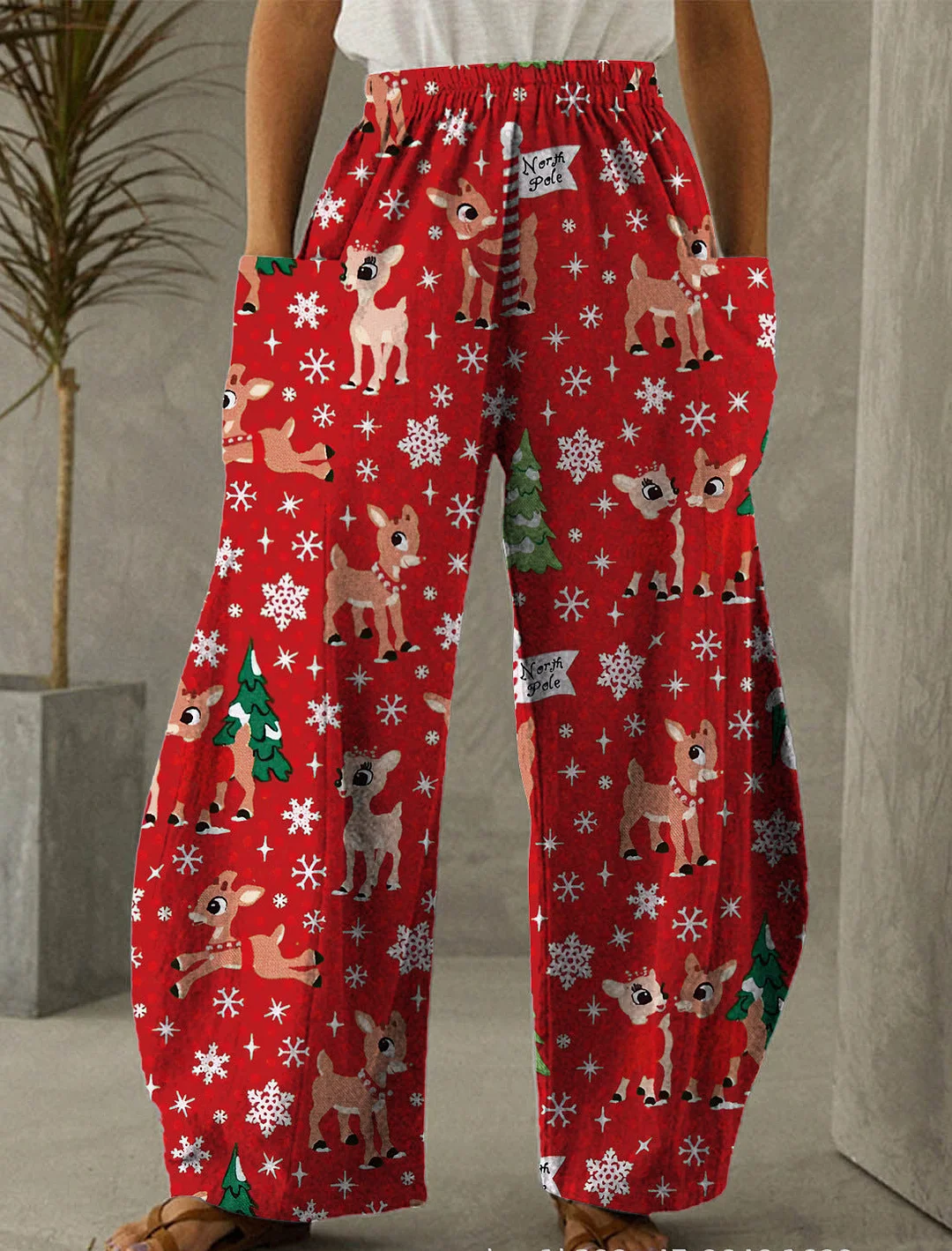 Christmas Red Deer Print Casual Pants