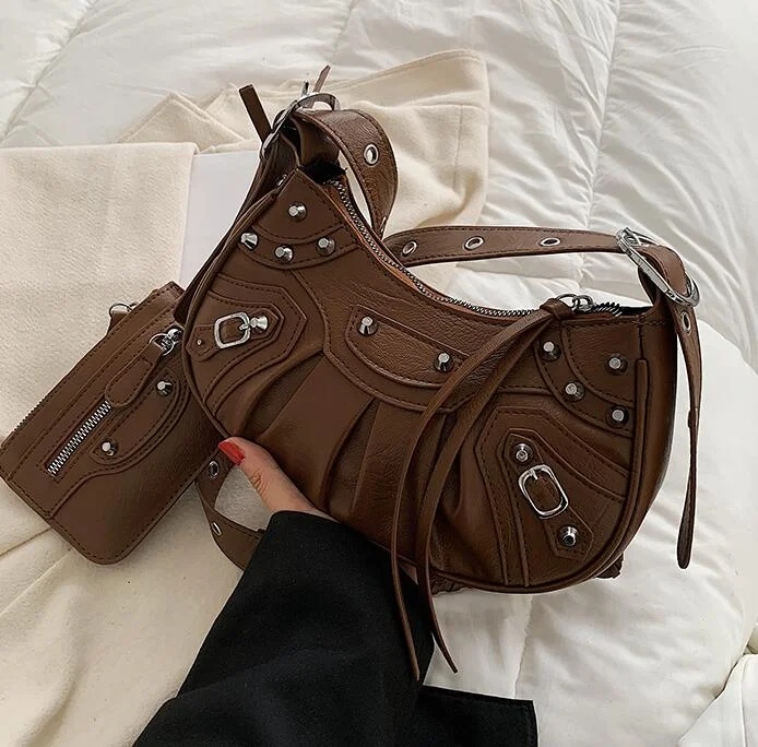 2 bag Half Moon Armpit Bag 2021 Winter New High-quality PU Leather Women's Designer Handbag Vintage Rivet Shoulder Messenger Bag