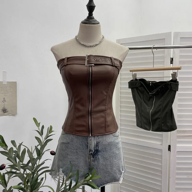 Uveng Real Shooting Spice Girls High-End Pu Leather Tector Locomotive Wind Wrapped Bra Vest Sleeveless Top Tide 1986