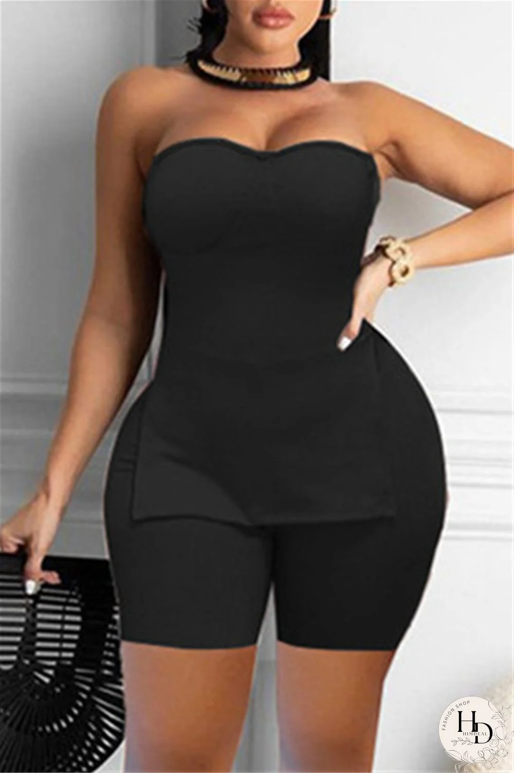 Coral Powder Sexy Casual Solid Backless Slit Strapless Sleeveless Two Pieces