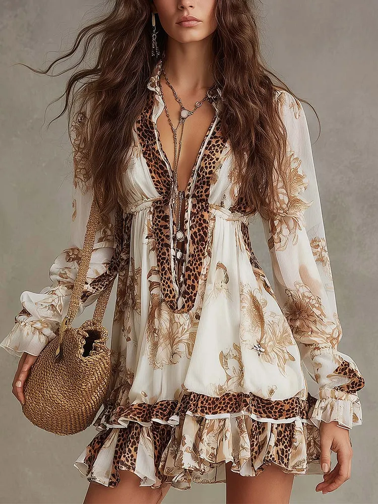 Cream Floral Print Deep V-neck Ruffled Mini Dress