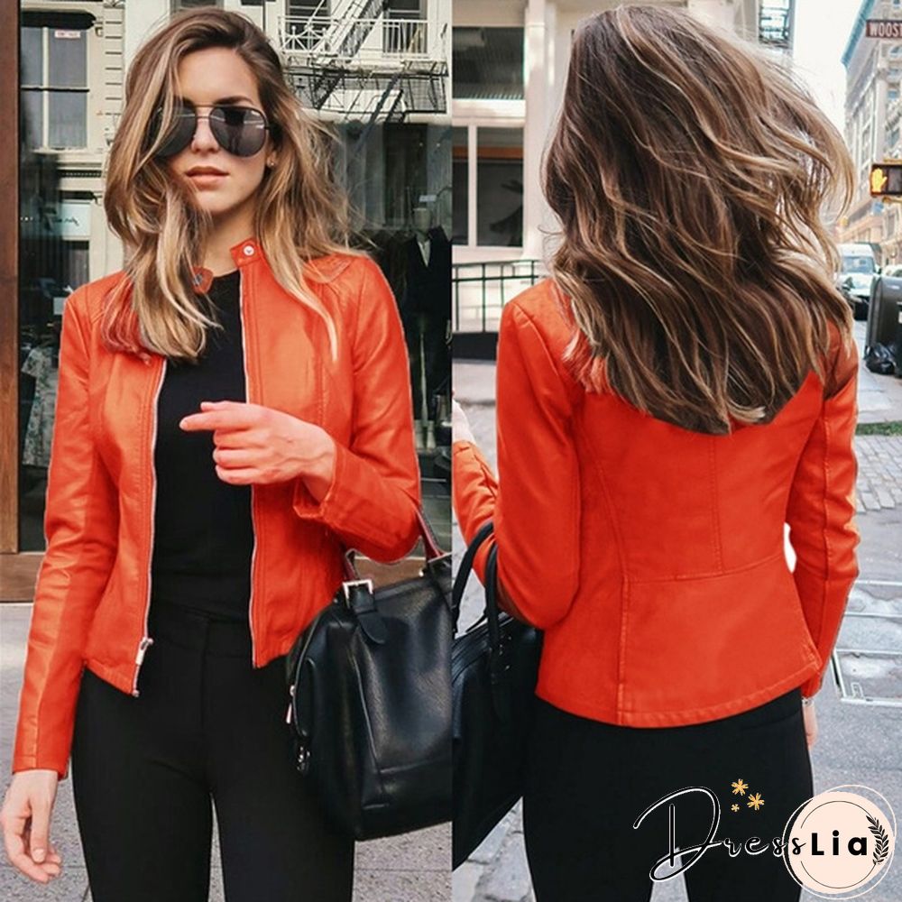 Women Spring Zipper Casual PU Leather Soft Motorcycle Leather Jacket Coat