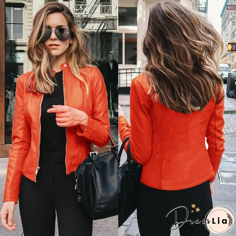 Women Spring Zipper Casual PU Leather Soft Motorcycle Leather Jacket Coat