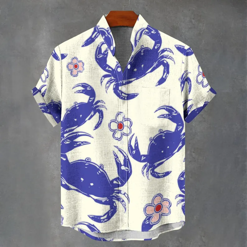 menweary Men's Party Vibe Hawaiian Style Blue Crab Art Casual Short Sleeve Shirts