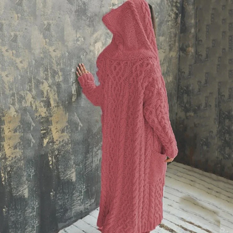 Women'S Solid Color Hooded Knitted Cardigan