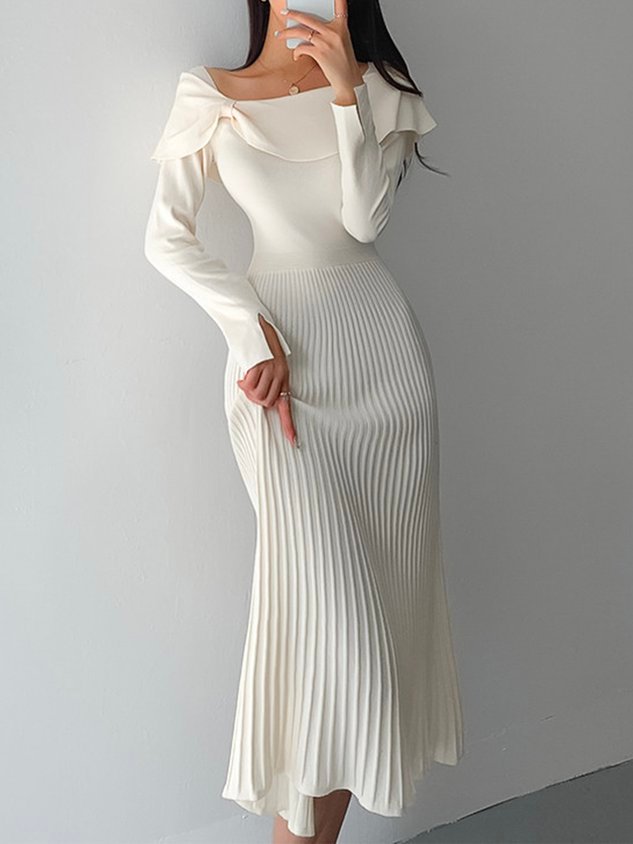 Rotimia Elegant Acrylic Plain Long Sleeve Midi Dress