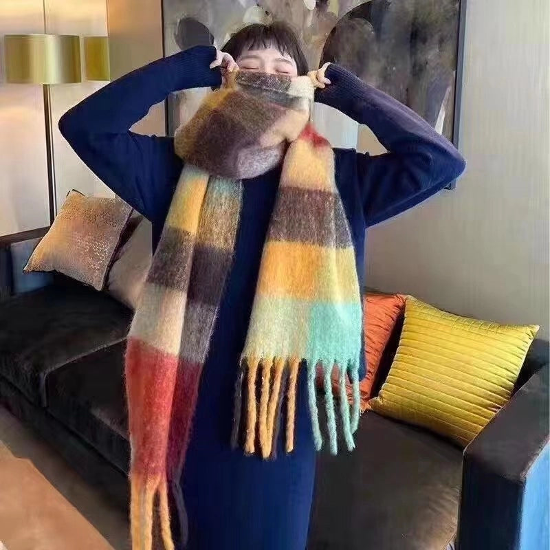 Rainbow Plaid Tassel Scarf For Women Autumn And Winter Famous Color Matching Cashmere Mohair Shawl Thickened Scarf