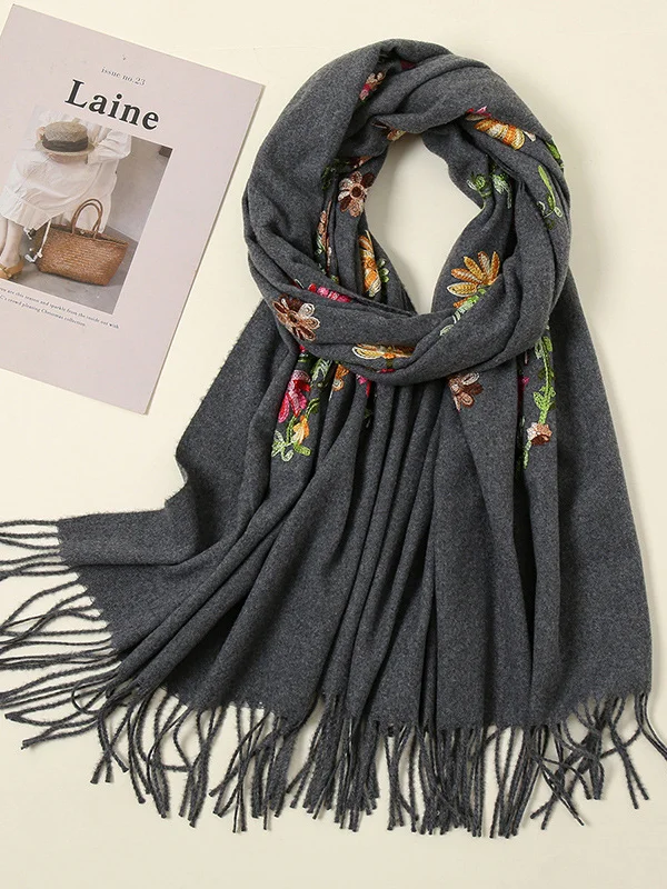 Women's Woollen Floral Embroidery Fringed Cashmere Scarf