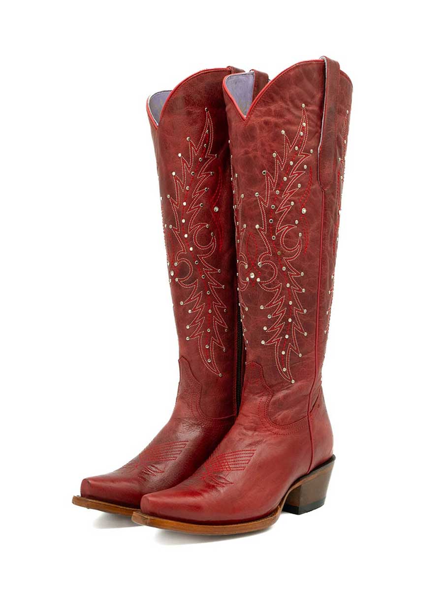 Red Distressed Chunky Heel Studded Embroidered Women's Cowgirl Boots