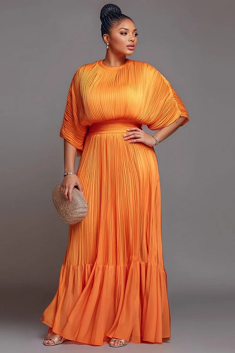 Xpluswear Design Plus Size Mother Of The Bride Orange Round Neck Short Sleeve Pleated Pocket Maxi Dresses [Pre-Order] 2024 - Xpluswear