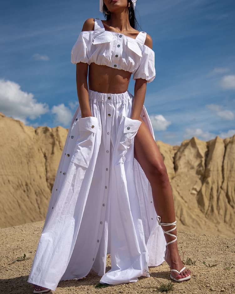Trendy Snap Slit Long Skirt Vest Set