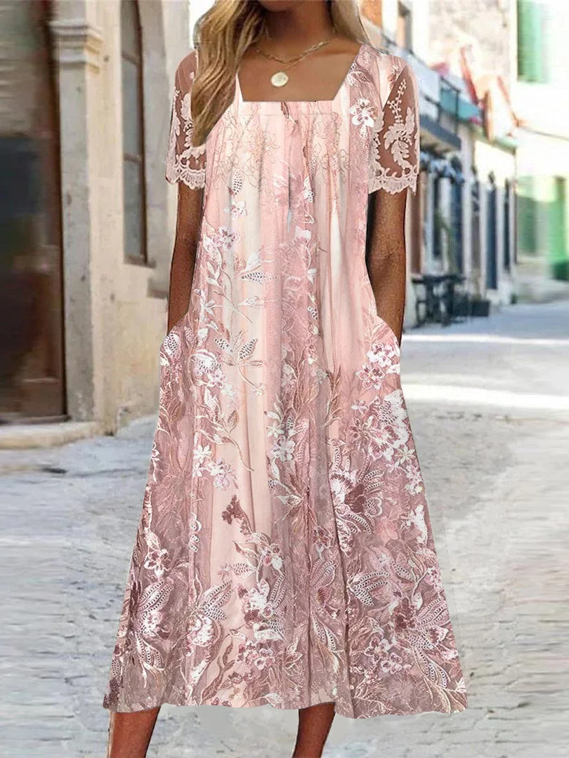 Women's Short Sleeve Square Collar Floral Printed Lace Stitching Midi Dress