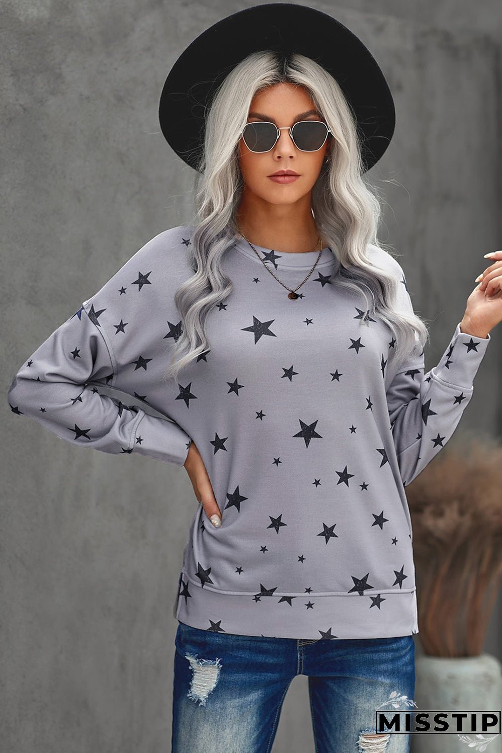 Women's Gray Round Neck Star Print Casual Long Sleeve Top