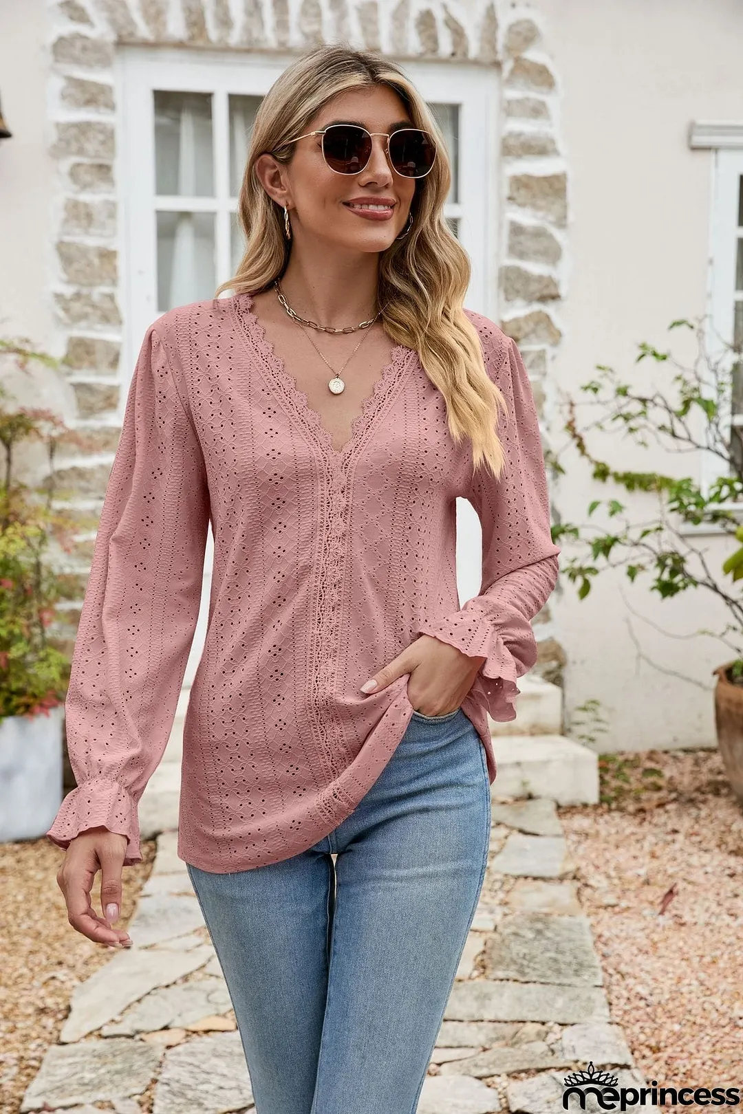 Eyelet Lace Trim Flounce Sleeve Blouse