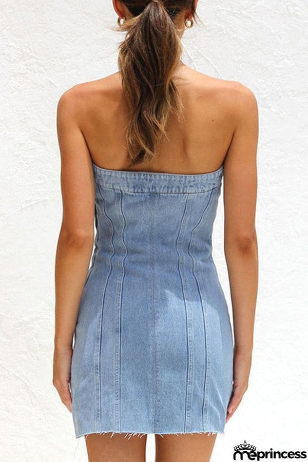 VINTAGE DISTRESSED BANDED STRAPLESS DENIM BODYCON MINI DRESS - LIGHT BLUE