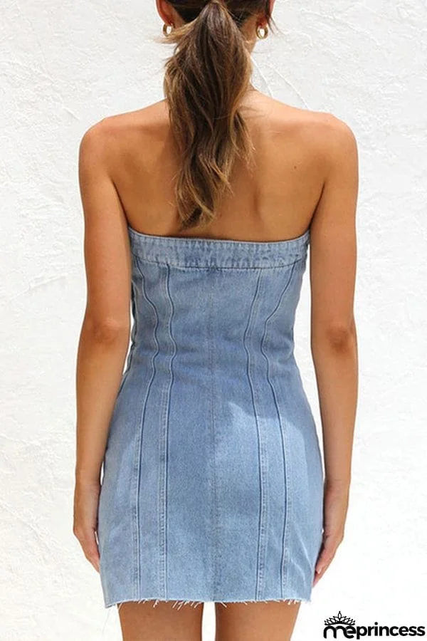 VINTAGE DISTRESSED BANDED STRAPLESS DENIM BODYCON MINI DRESS - LIGHT BLUE