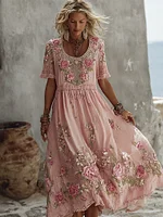 Women's Floral Art Print Flowy Linen Blend Casual Short Sleeve Maxi Dress