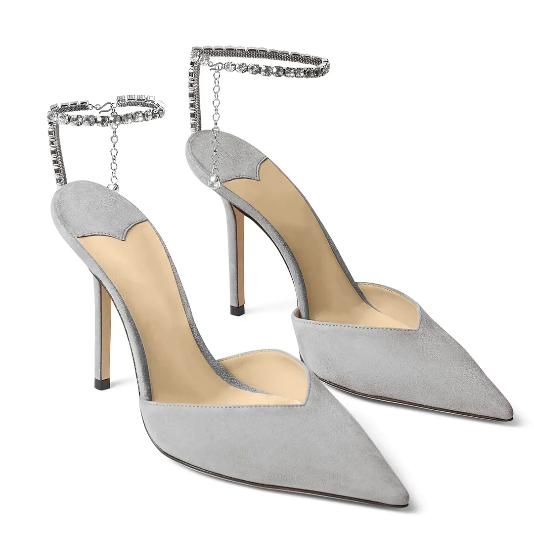 100mm Women's Sandals Crystal Chain Rhinestone Embellished Strap Suede Pumps Pointy Stilettos Backless Shoes-vocosishoes