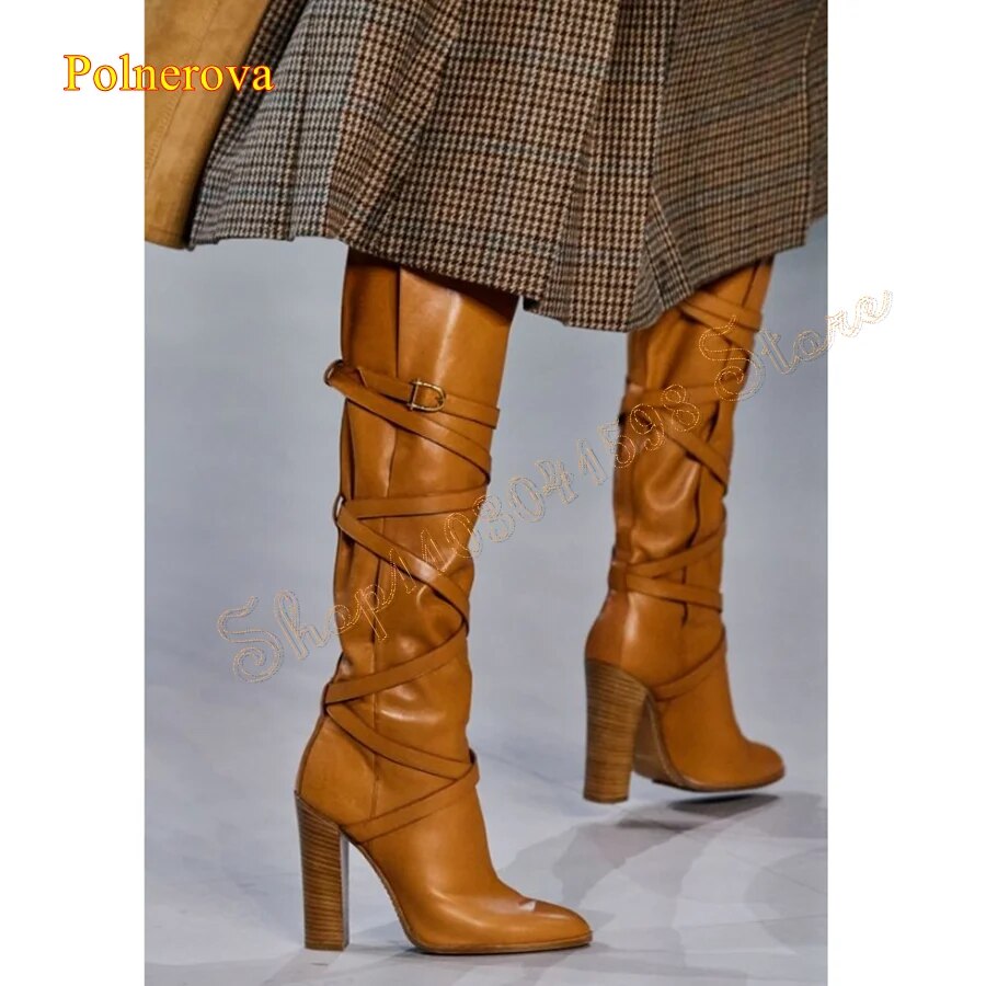 VCshoes Leather Knee High Boots Round Toe Striped Chunky Heel Women's Boots Party Boots Zapatos Para Mujere