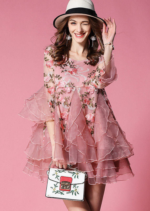 VCSHOES Black Embroideried Patchwork Organza Mini Dresses Flare Sleeve