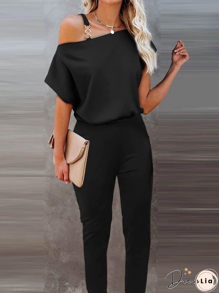 One Shoulder Chain Strap Short Sleeve Jumpsuit for Women