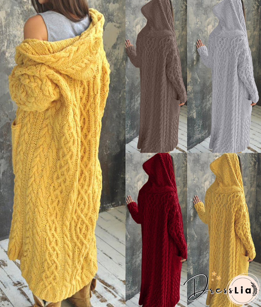 Hooded Solid Knitted Long Cardigan Twist Sweater Coat