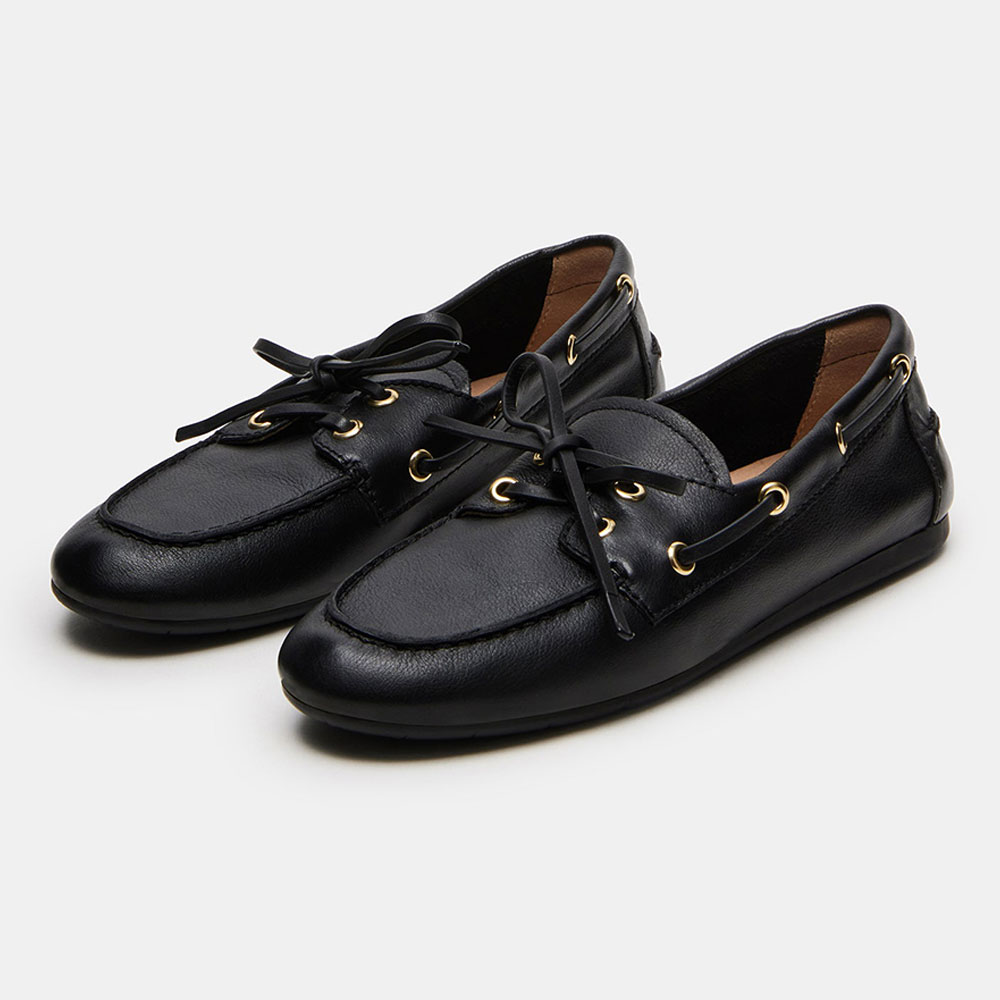 Vintage Black Faux Leather Round Toe Flat Lace Up Women's Loafers Nicepairs