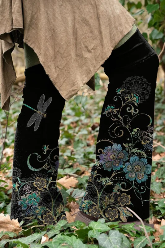 （Ship within 24 hours）Retro dragonfly floral print knit boot cuffs flared leg warmers