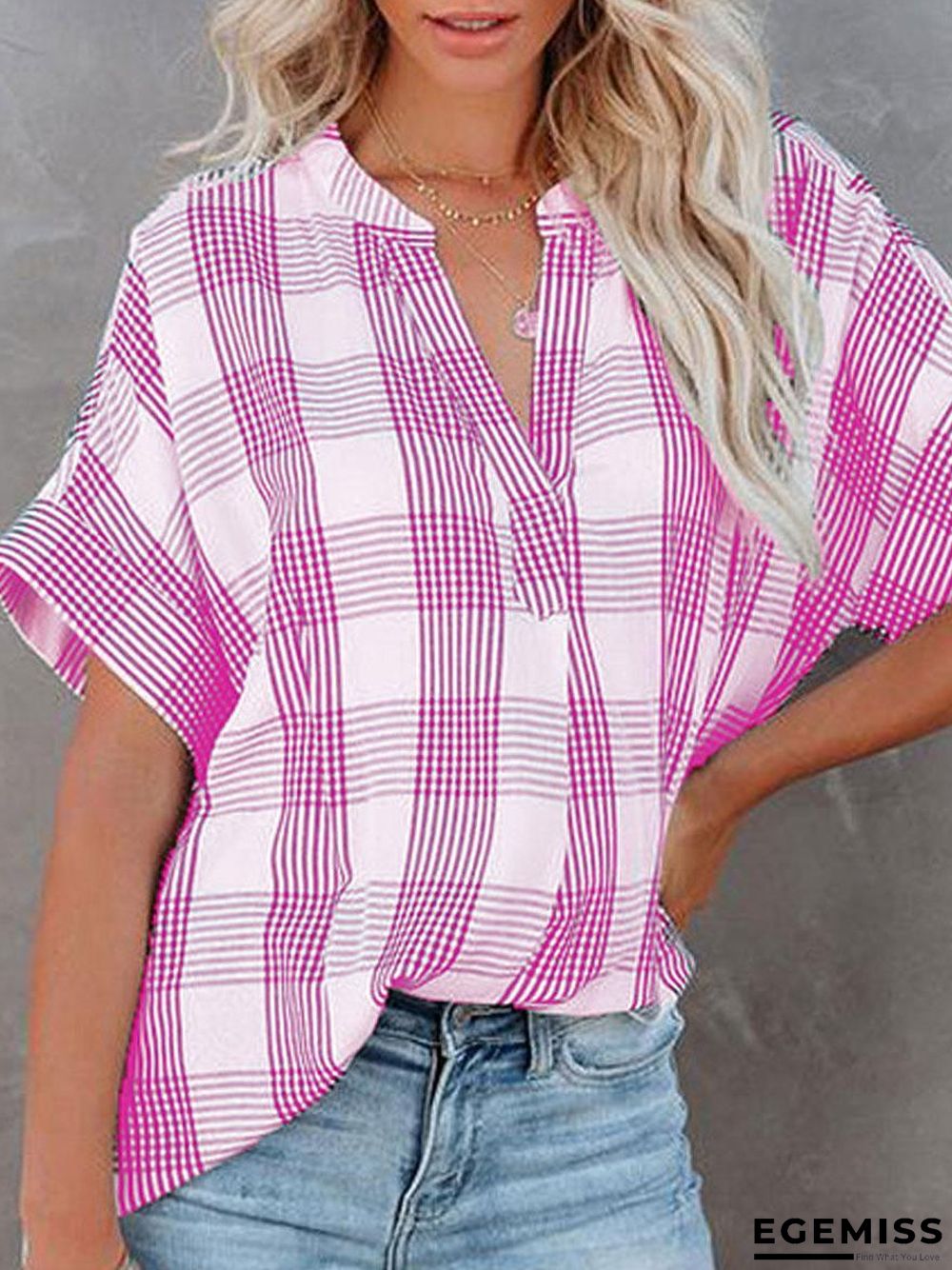 Check Print Casual Loose Short Sleeve Blouse | EGEMISS