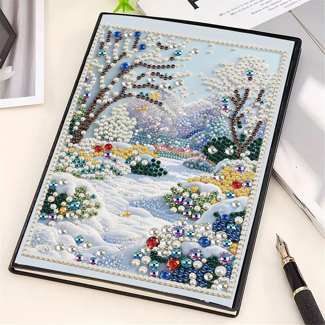 Winter Forest Partial Pearl DIY 50 Pages A5 Diamond Painting Notebook Special Shaped Diamond Art Diary Book Kits Wireless Strip 5D Crystal Art Paintings Sketchbook for Art Drawing