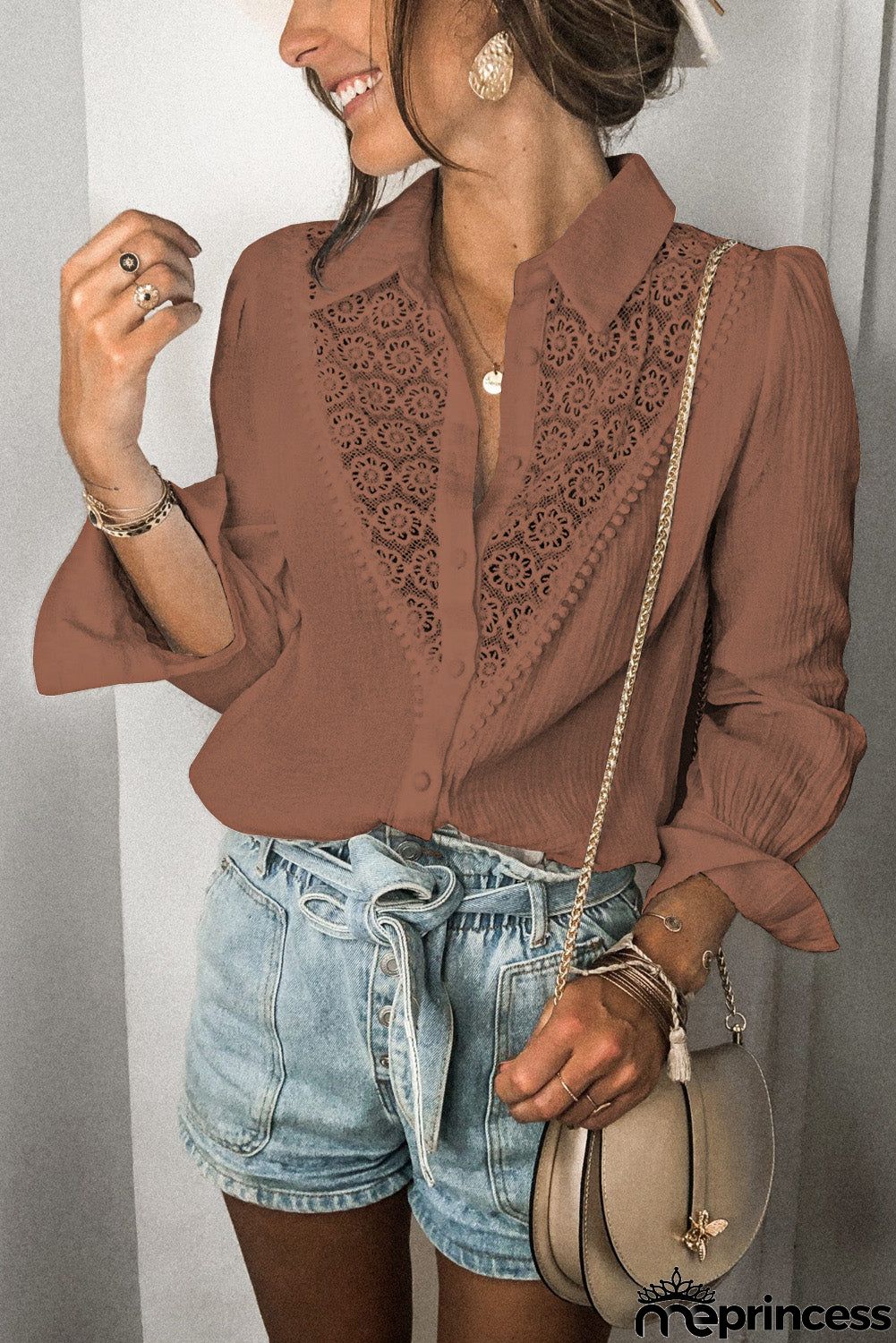 Floral Lace Hollow-out Splicing Crinkled Shirt