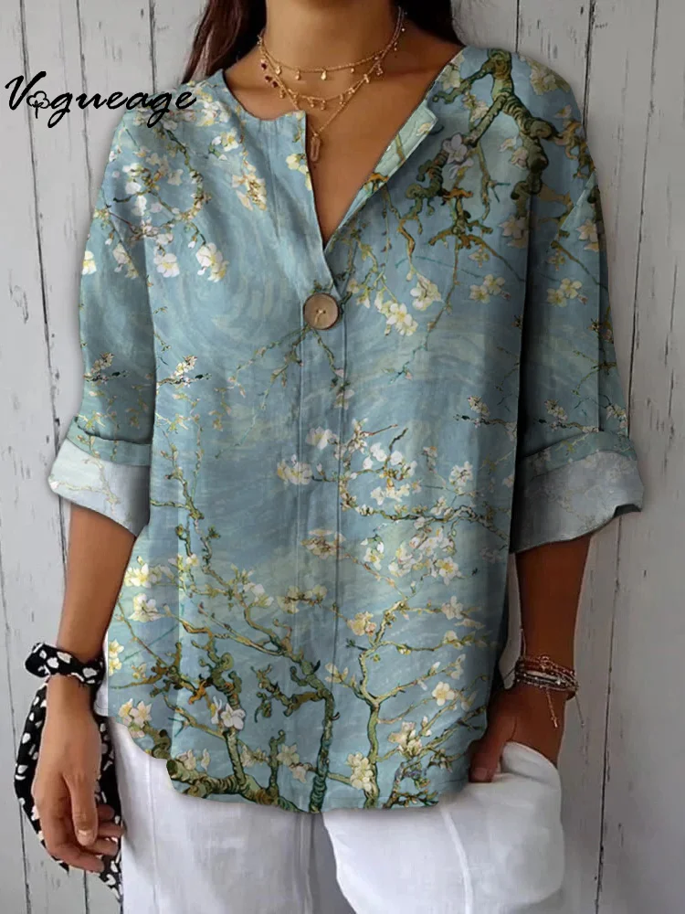 Soft Elegant And Gentle Flowers Printed Cotton And Linen Shirt