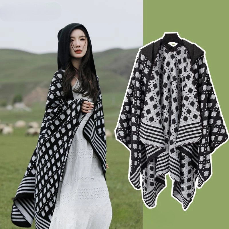 Ethnic Style Hooded Cape Women’s Yunnan Tibet Western Sichuan Grassland Bohemia Travel Wear Scarf Coat