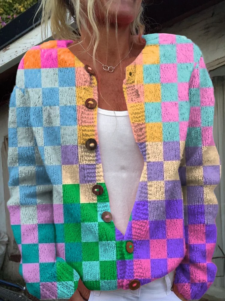 Rainbow Lattice Print Buttoned Cardigan Sweater