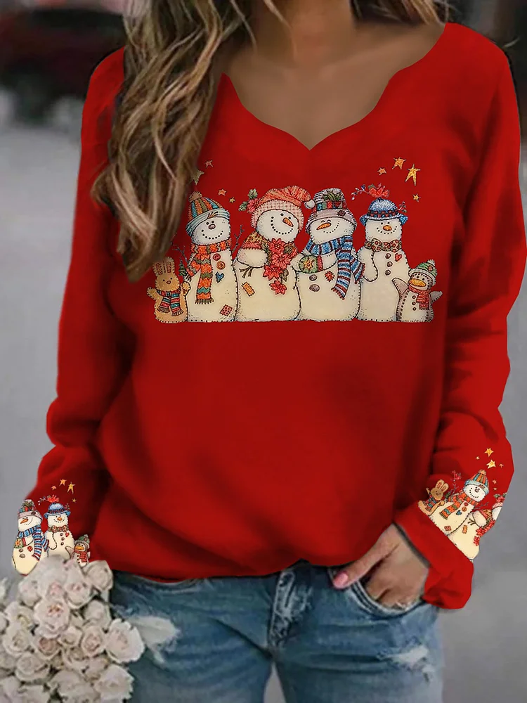 Christmas Snowman Casual Long Sleeve V Neck T-Shirts & Tops