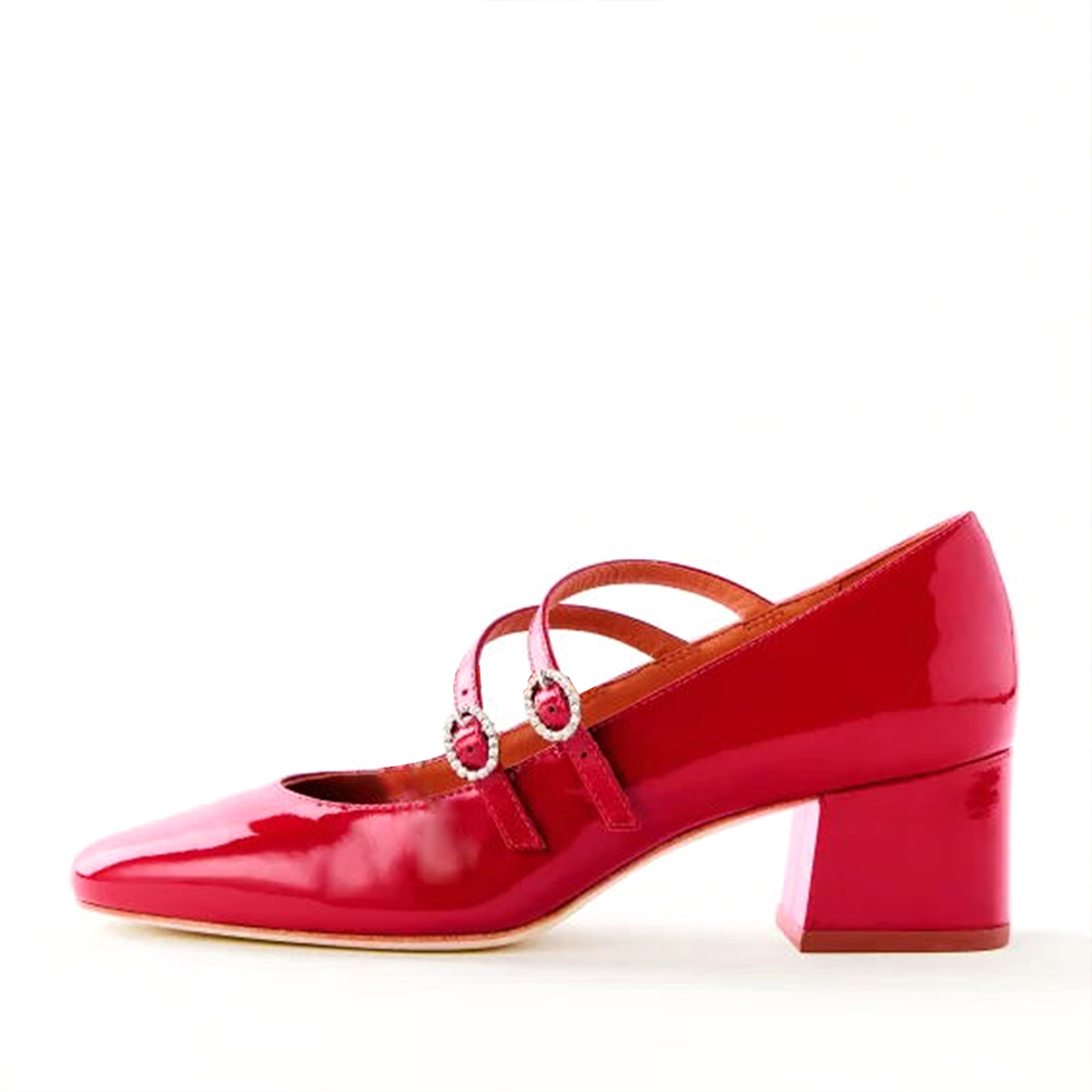 Red Patent Leather Round Toe Chunky Heel Strappy Loafers Nicepairs