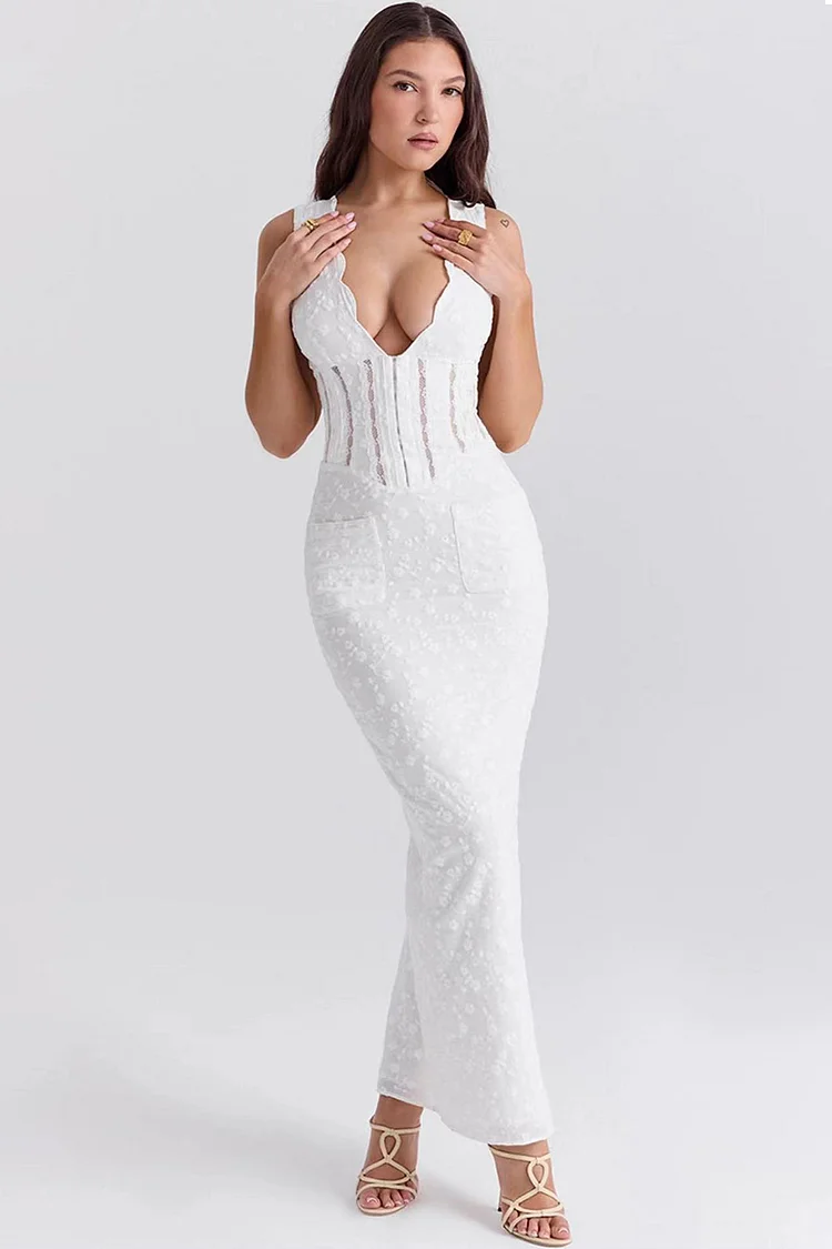 Formal White Deep V Neck Hollow Out Sleeveless Sheath Maxi Dress