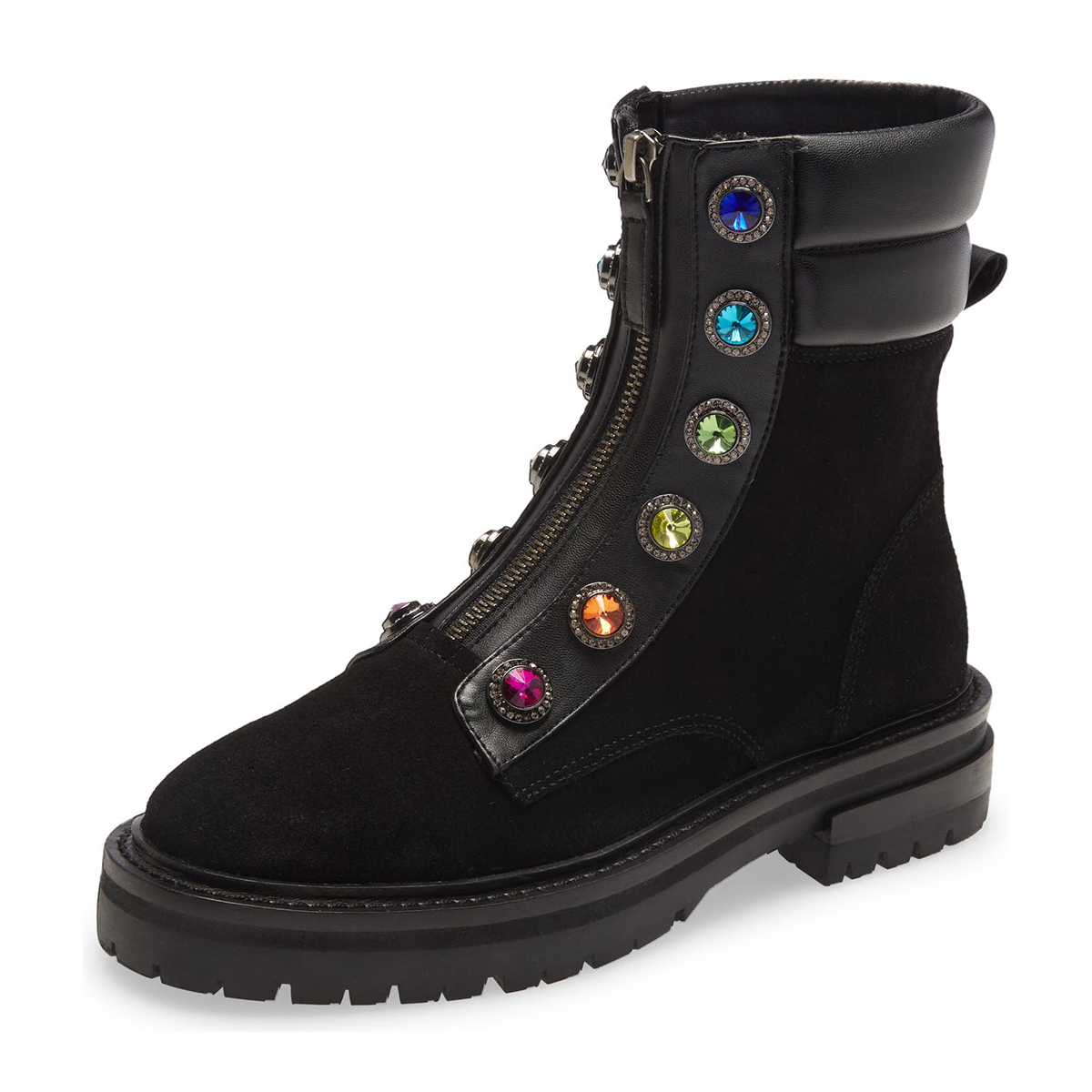 Black Round-Toe Front Zip Lug Sole Ankle Boots with Rainbow Gem