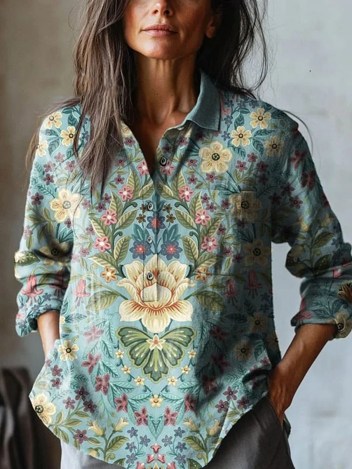 Women's Vintage Lovely Floral Art Print Casual Cotton And Linen Shirt