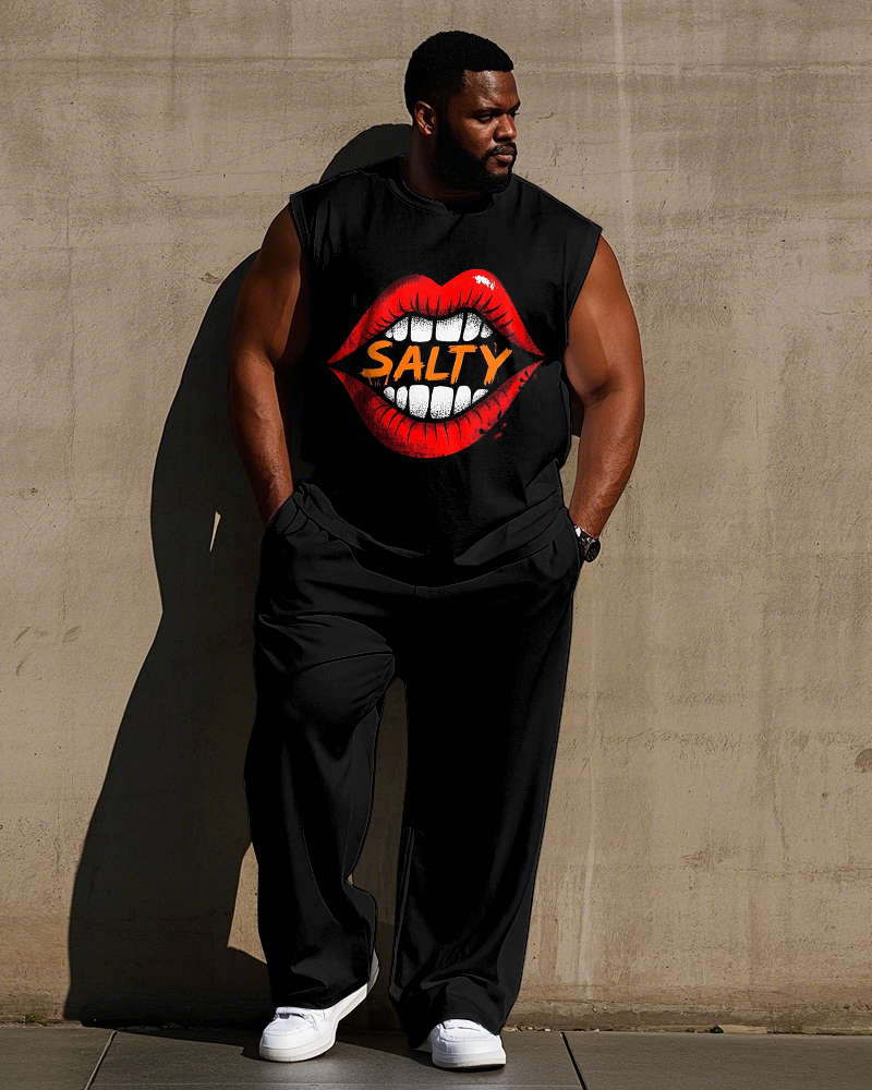 Big Men's Street Fashion Red Lips & Teeth SALTY Letter Printed Casual Vest and Pants Set