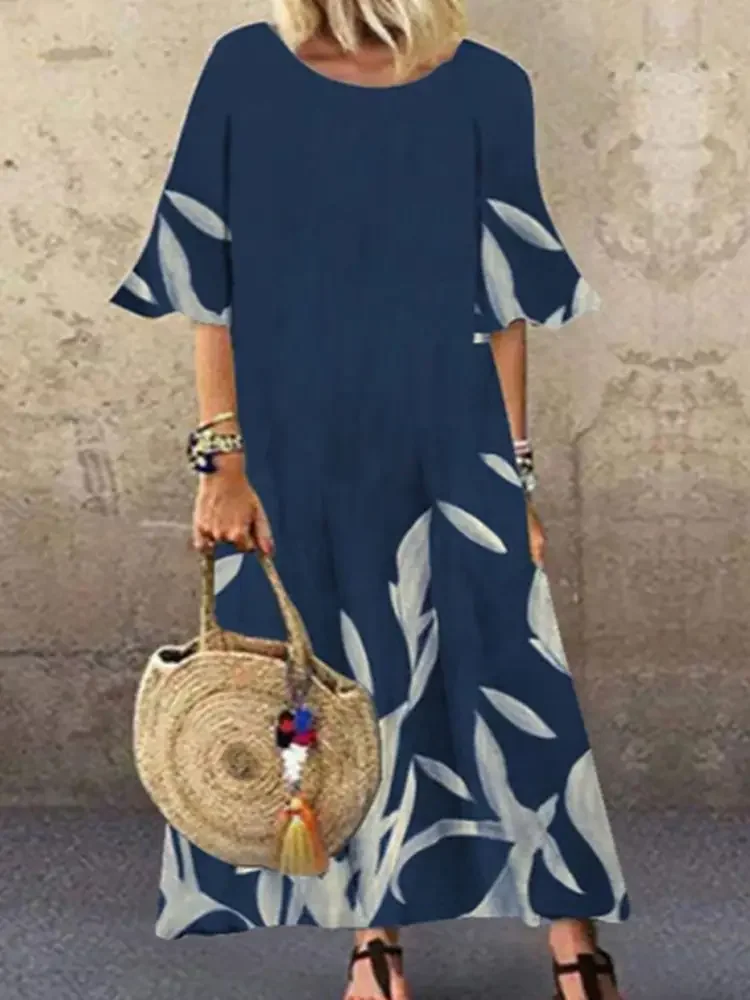 Round Neck Casual Loose Leaf Print Short Sleeve Maxi Dress