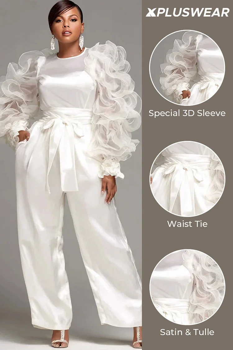 Xpluswear Design Plus Size Formal Tulle White Round Neck Long Sleeve Pocket Elegant 3D Satin Jumpsuits [Pre-Order]