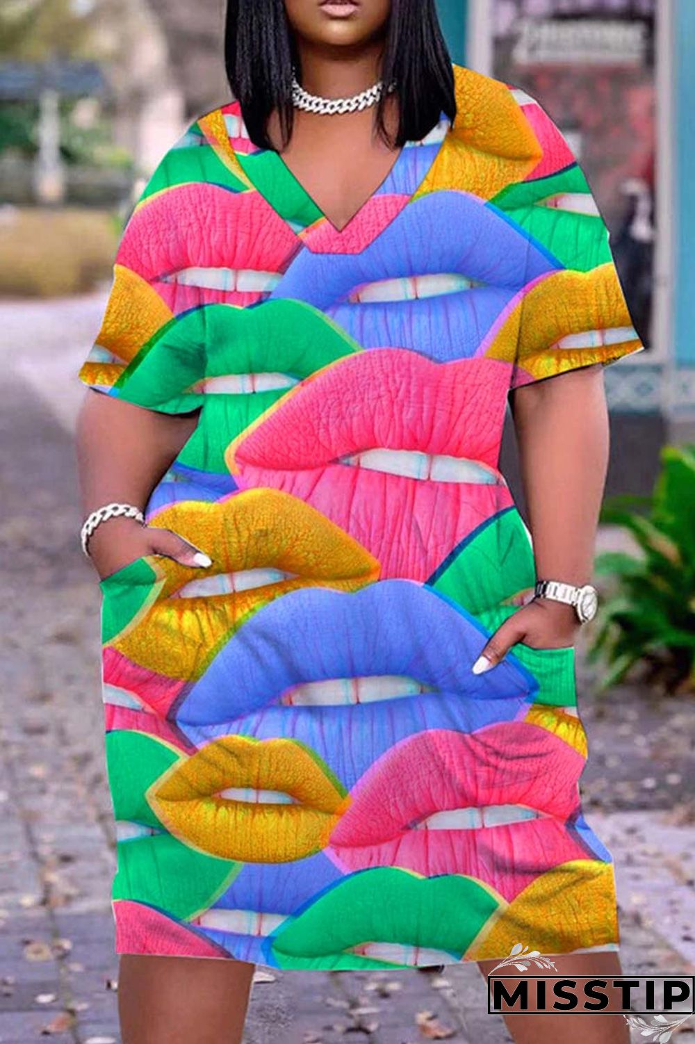 Coffee Casual Print Patchwork V Neck Short Sleeve Dress