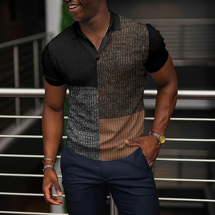 BrosWear Fashion Mosaic Texture Print Short Sleeve Polo Shirt