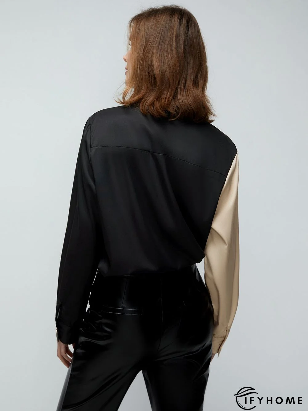 Shirt Collar Color-Block Long Sleeve Plain Blouse | IFYHOME
