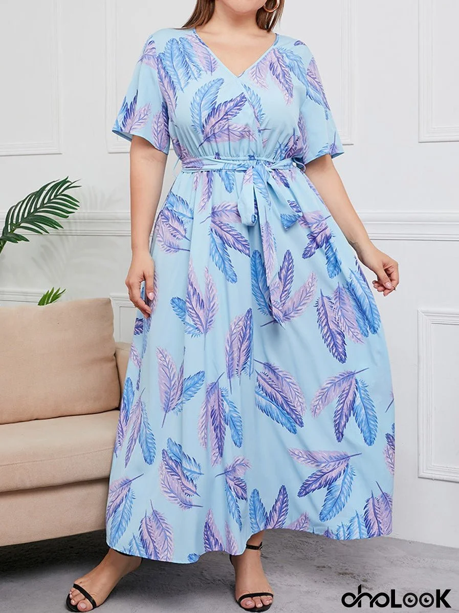 Plus Size Printed Surplice Short Sleeve Maxi Dress