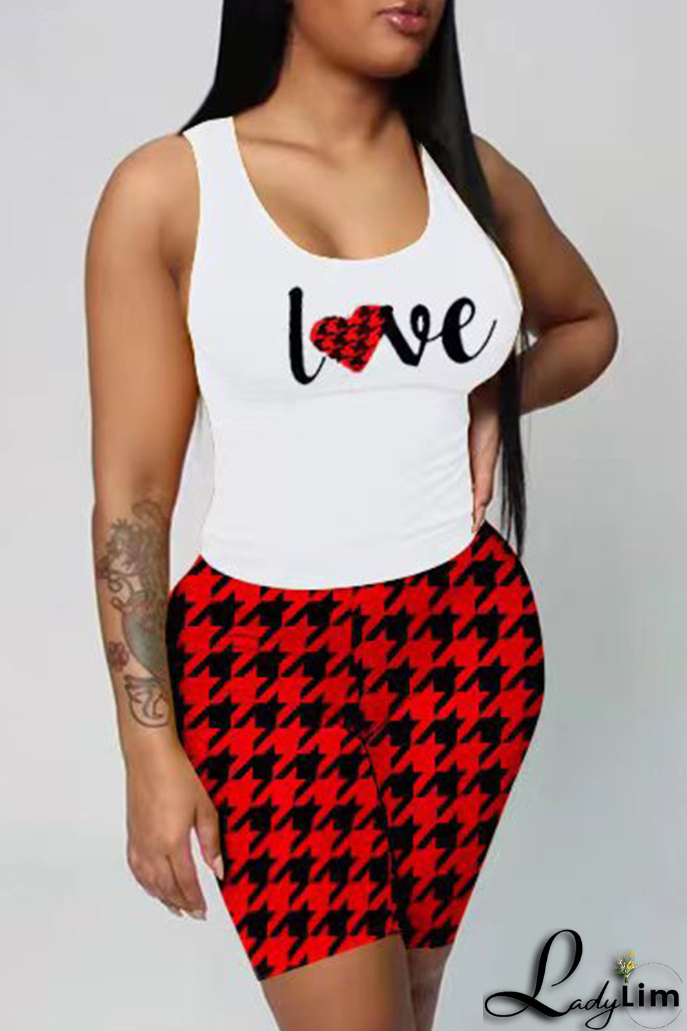 Red Casual Print Patchwork Letter U Neck Sleeveless Two Pieces