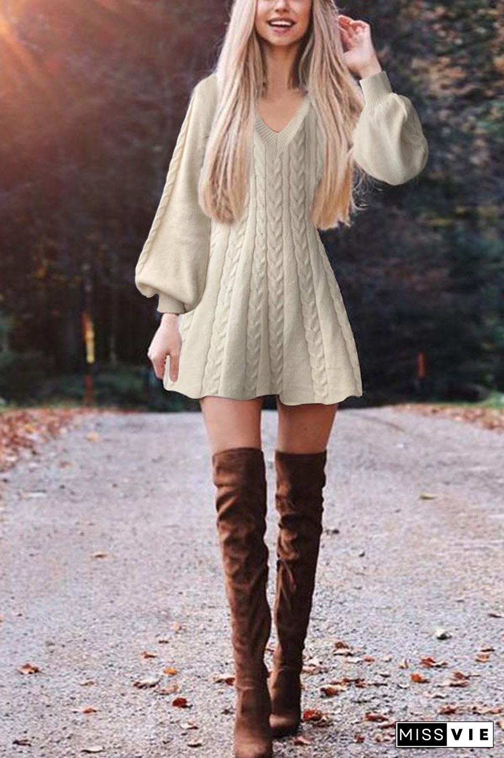 Sale Loose Solid Color Deep V Knitted Dress