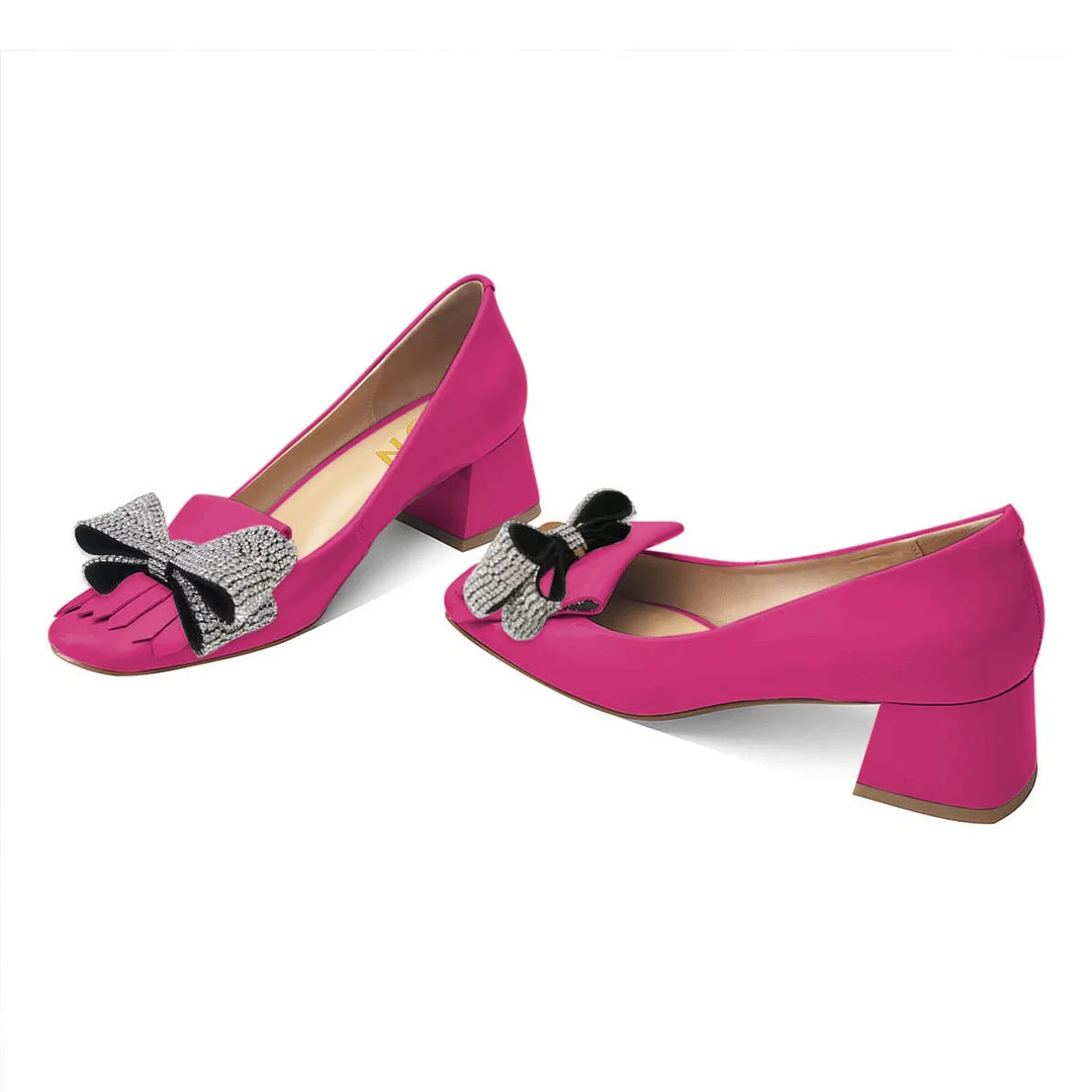 Hot Pink Rhinestone Bow Heels Square Toe Pumps Shoes with Fringe